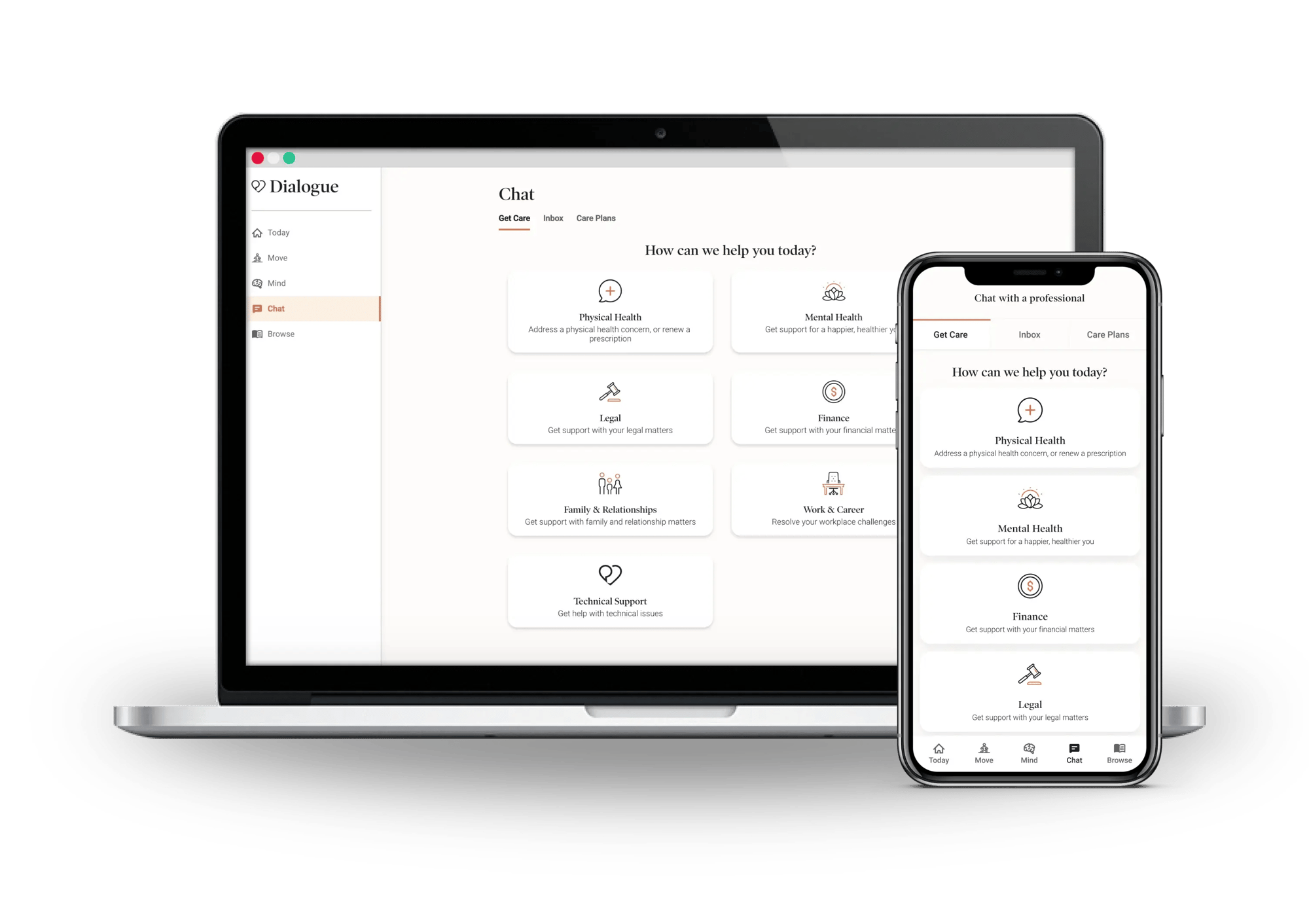 Dialogue's Integrated Health Platform app interface on mobile and desktop